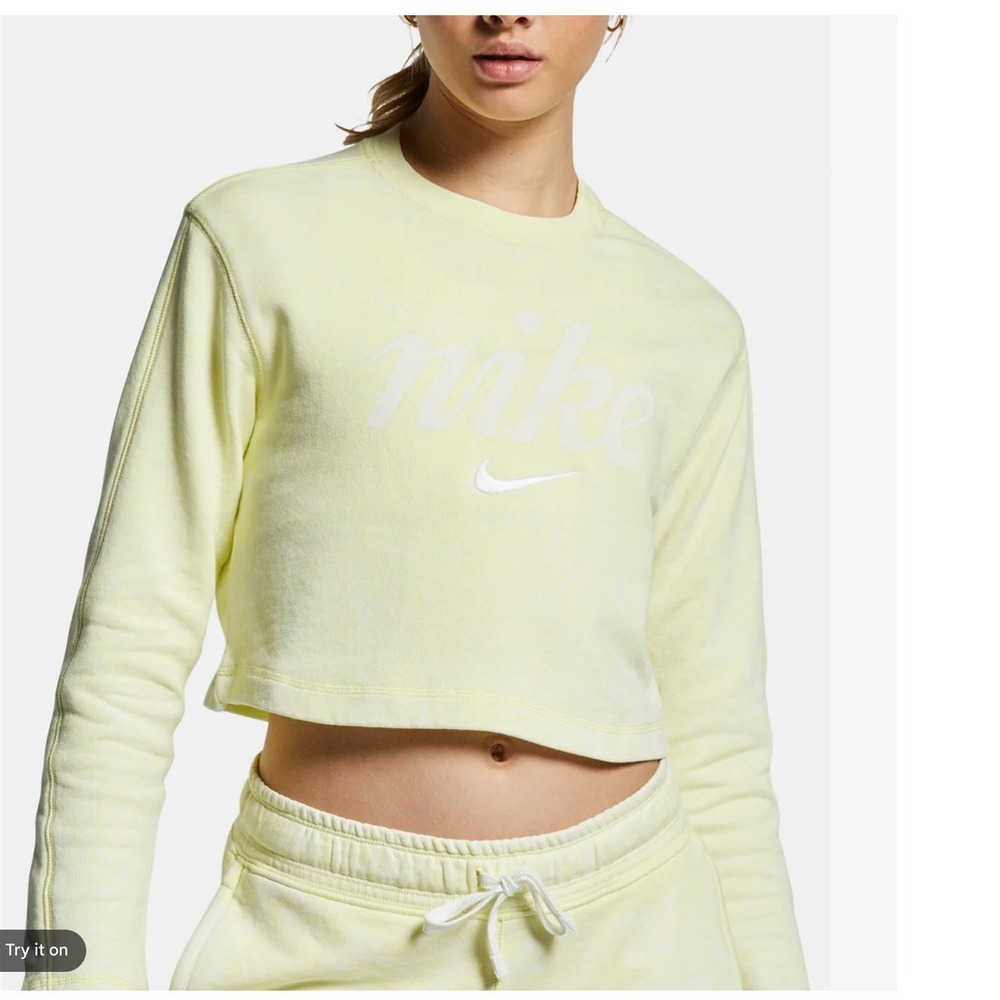 Nike Womens Cropped Cotton Sweatshirt S Yellow Sportswear Athleisure Leisure